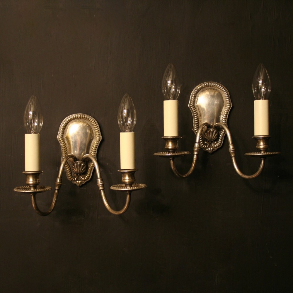 An English Pair Of Silver Twin Arm Antique Wall Lights