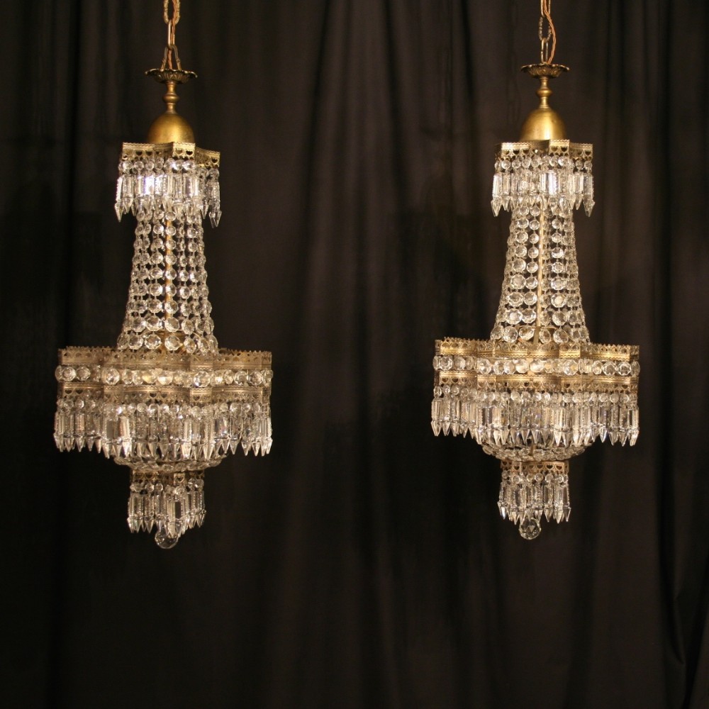 An Italian Pair Of Triple Light Tent & Waterfall Antique Chandeliers