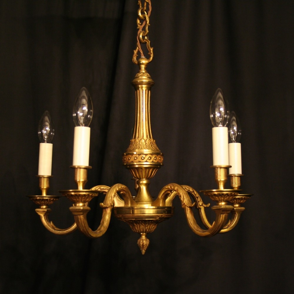 A French Gilded Cast Bronze 5 Light Antique Chandelier