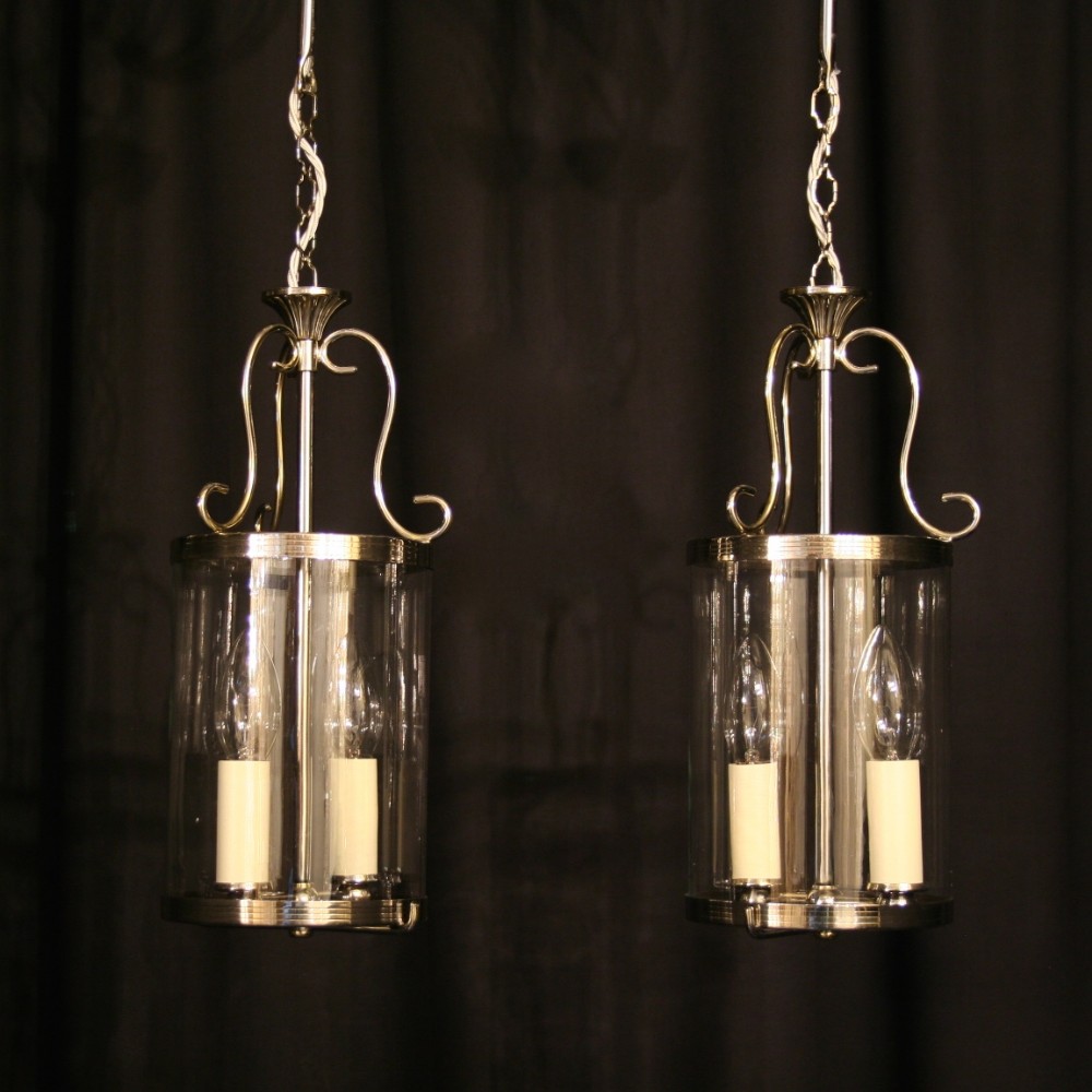 An English Pair Of Twin Light Steel Hall Lanterns
