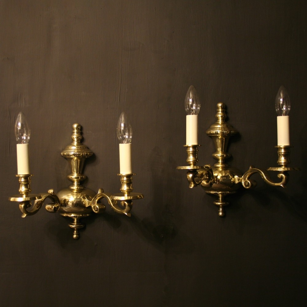 An English Pair Of Brass Twin Arm Antique Wall Lights