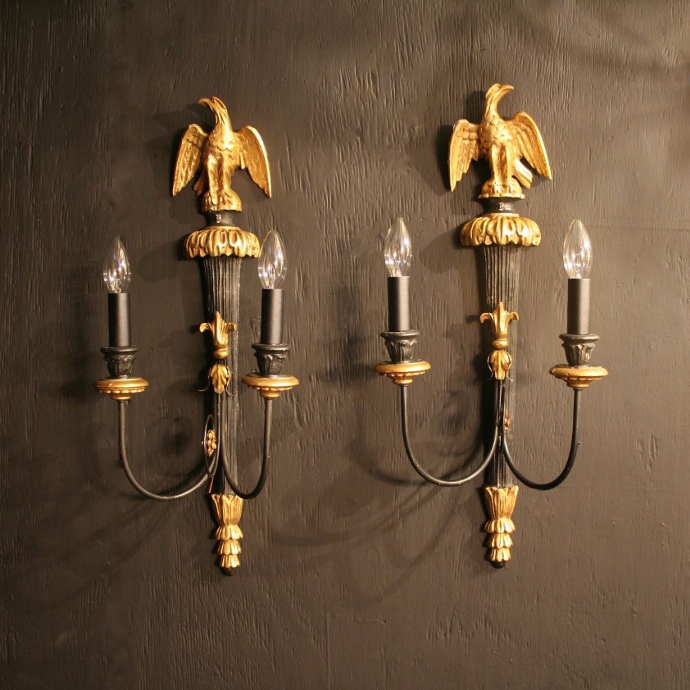 An Italian Pair Of Giltwood & Toleware Eagle Wall Lights