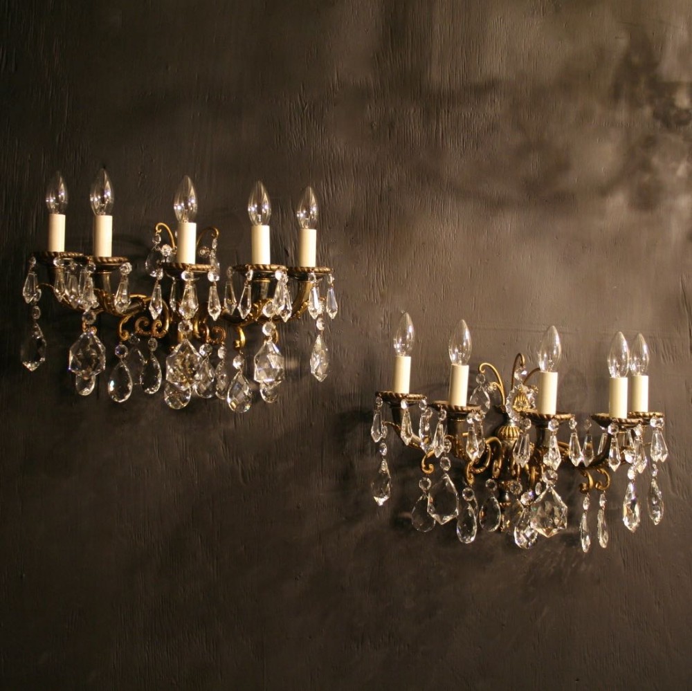 An Italian Pair Of Gilded & Crystal Five Arm Antique Wall Lights