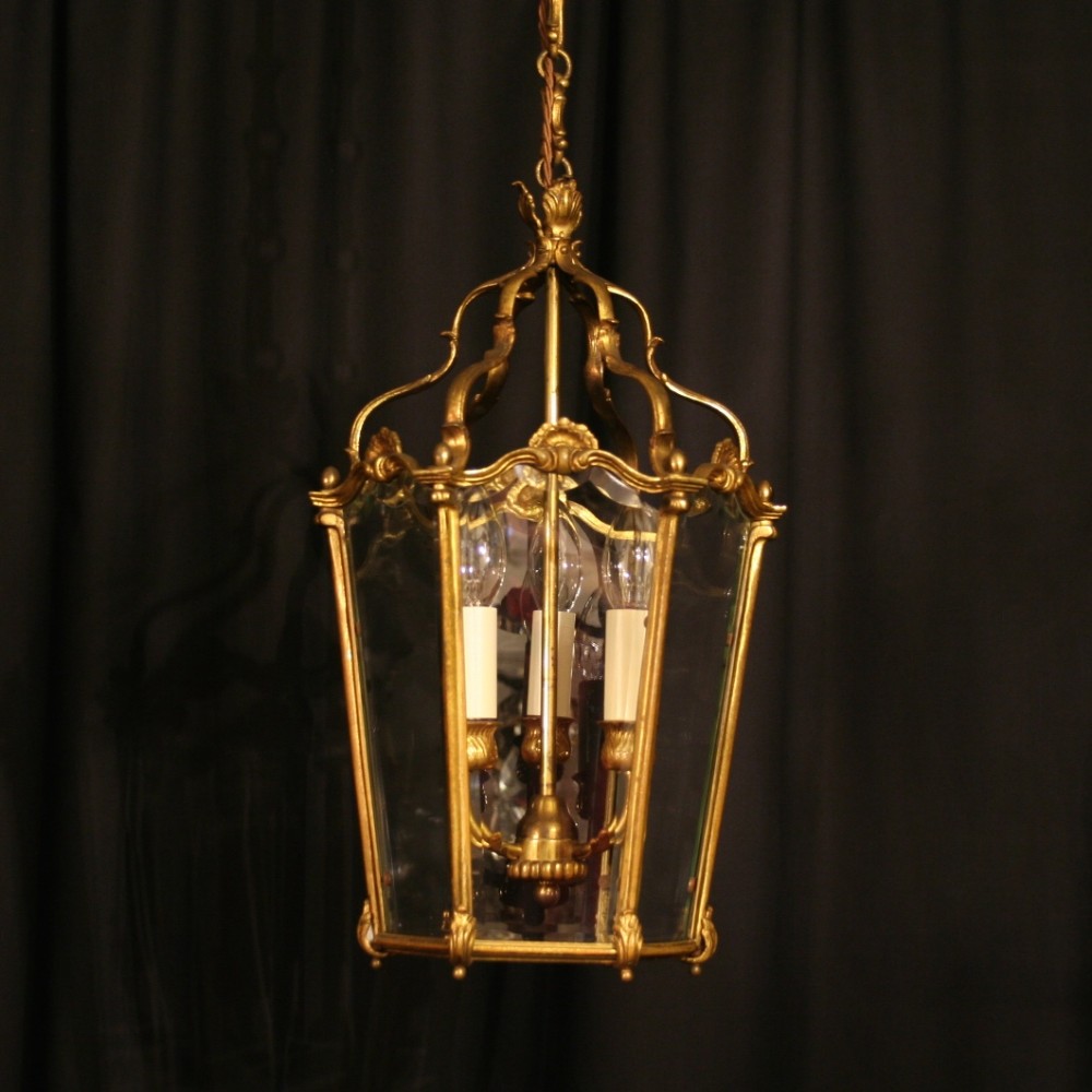 A French Gilded Bronze Triple Light Antique Lantern