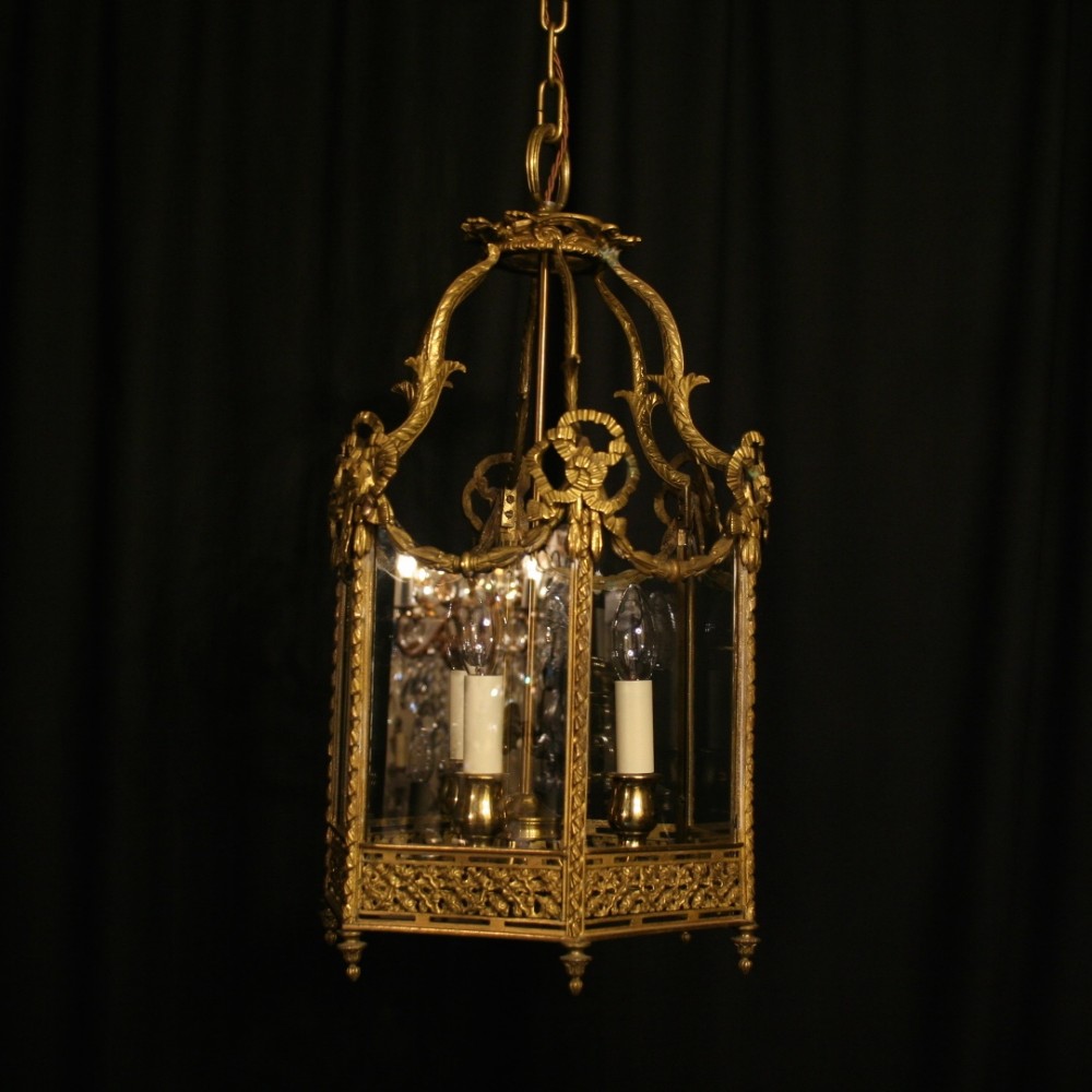 A Large Cast Brass French Triple Light Antique Lantern