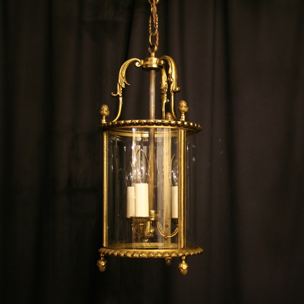 A French Gilded Triple Light Convex Antique Hall Lantern