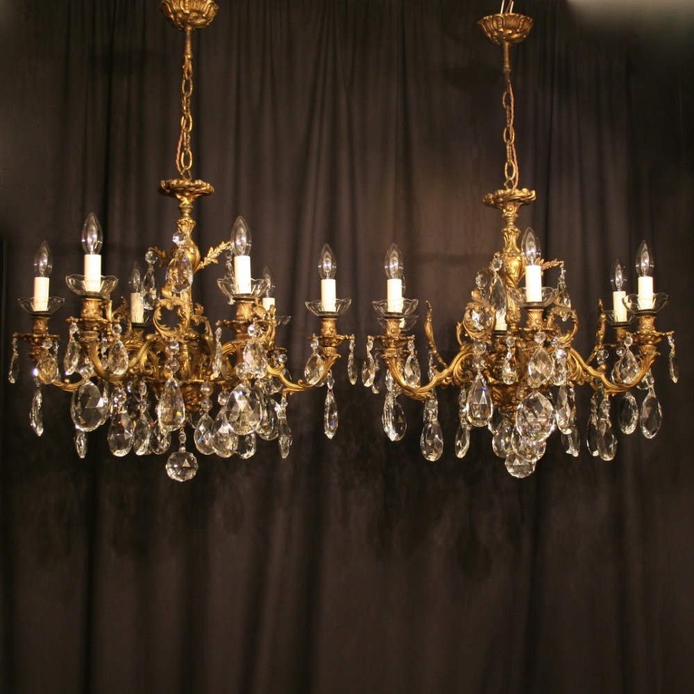 An Ornate Italian Pair Of Gilded 6 Light Antique Chandeliers