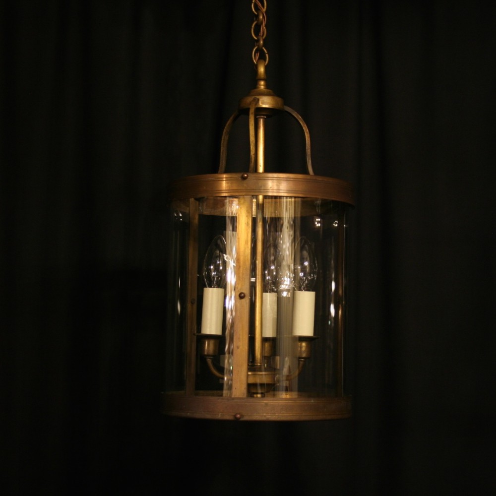 A French Brass Triple Light Convex Antique Hall Lantern
