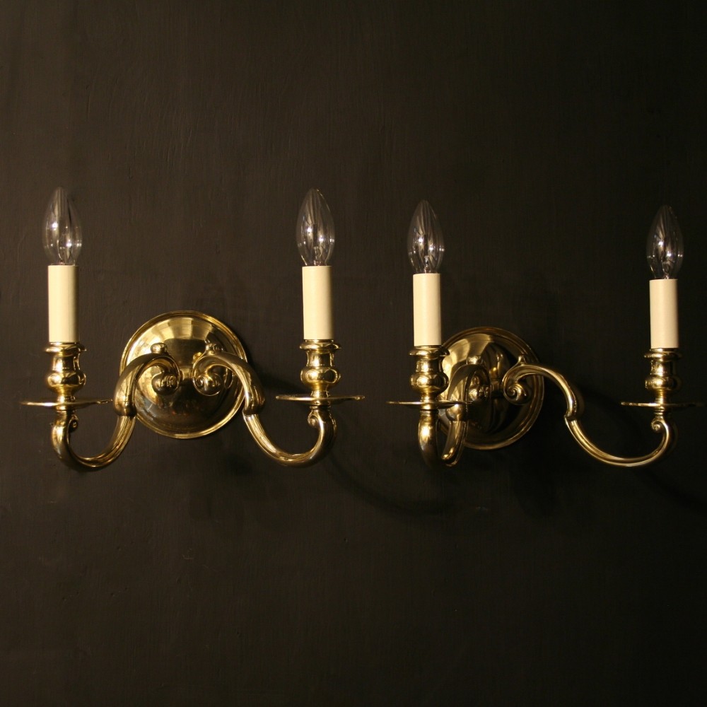 An English Pair Of Brass Twin Arm Antique Wall Lights