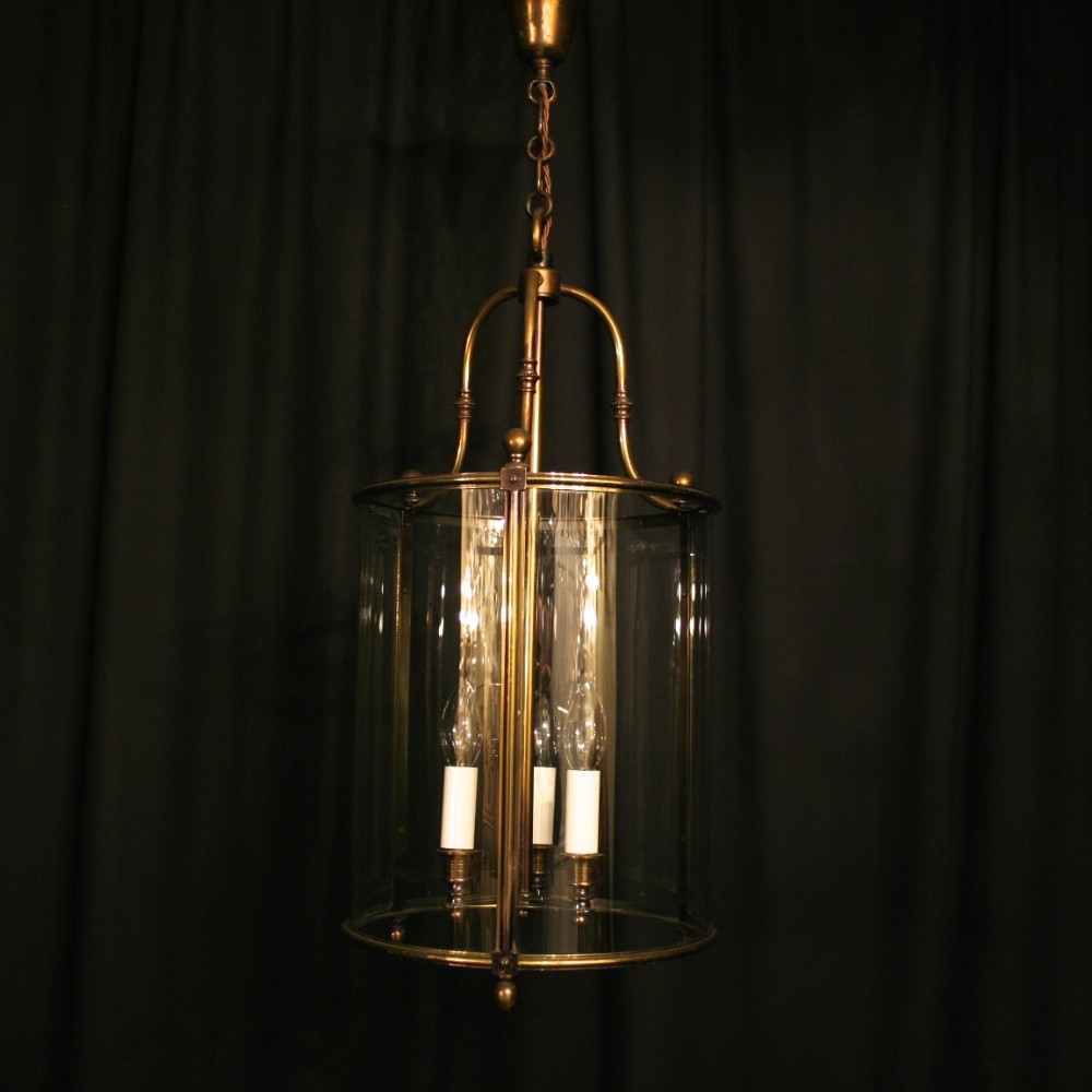 A Large French Cast Brass Three Light Antique Hall Lantern