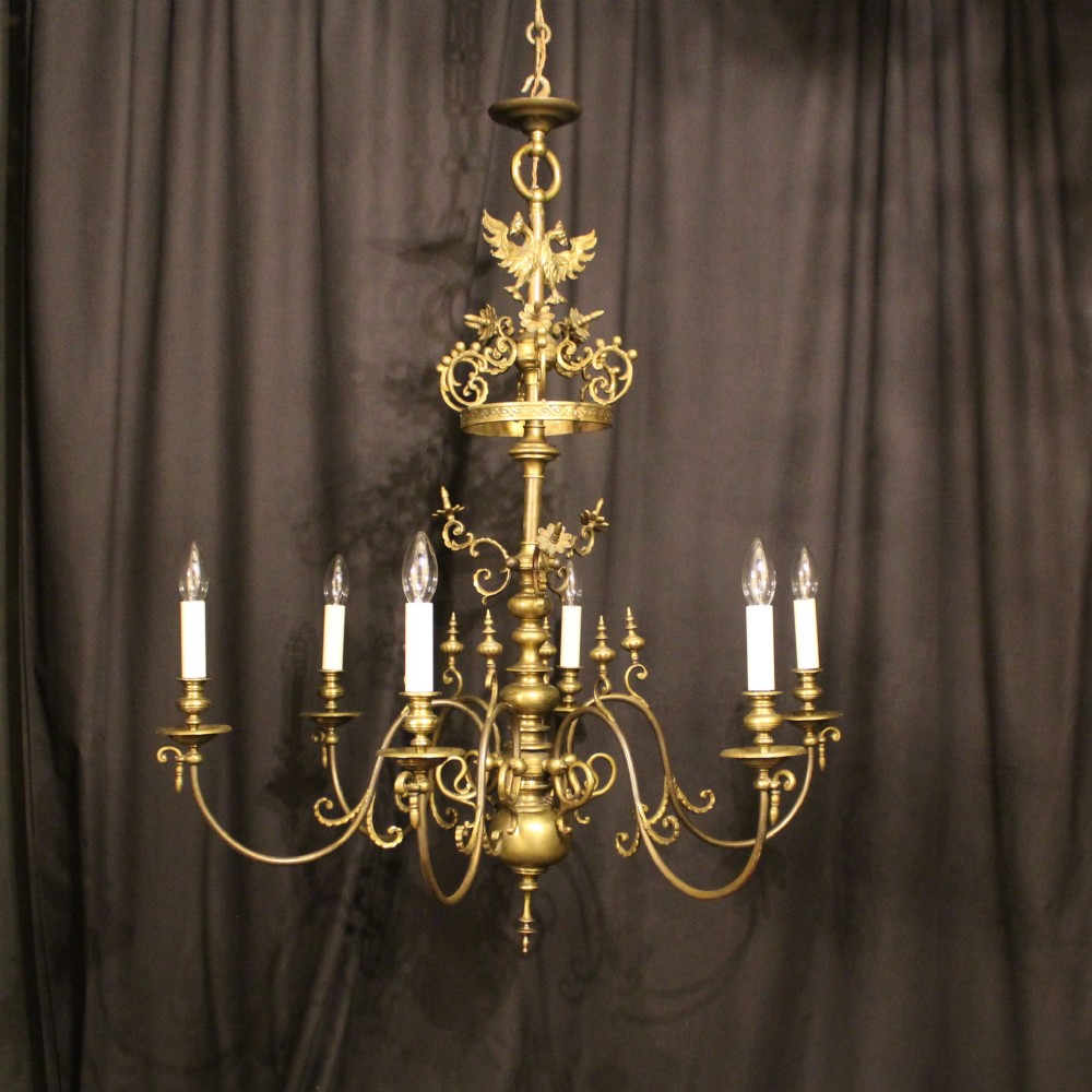 A Large Flemish Brass 6 Light Antique Chandelier
