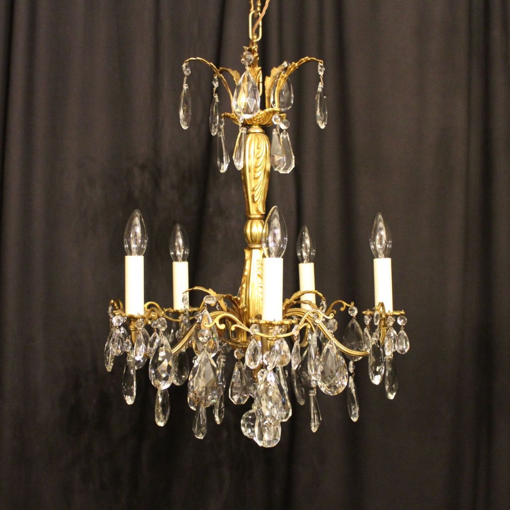 A French Gilt & Crystal 5 Light Antique Chandelier