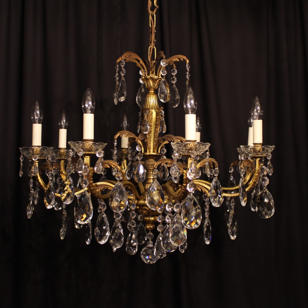 An Italian Gilded Bronze & Crystal 8 Light Antique Chandelier