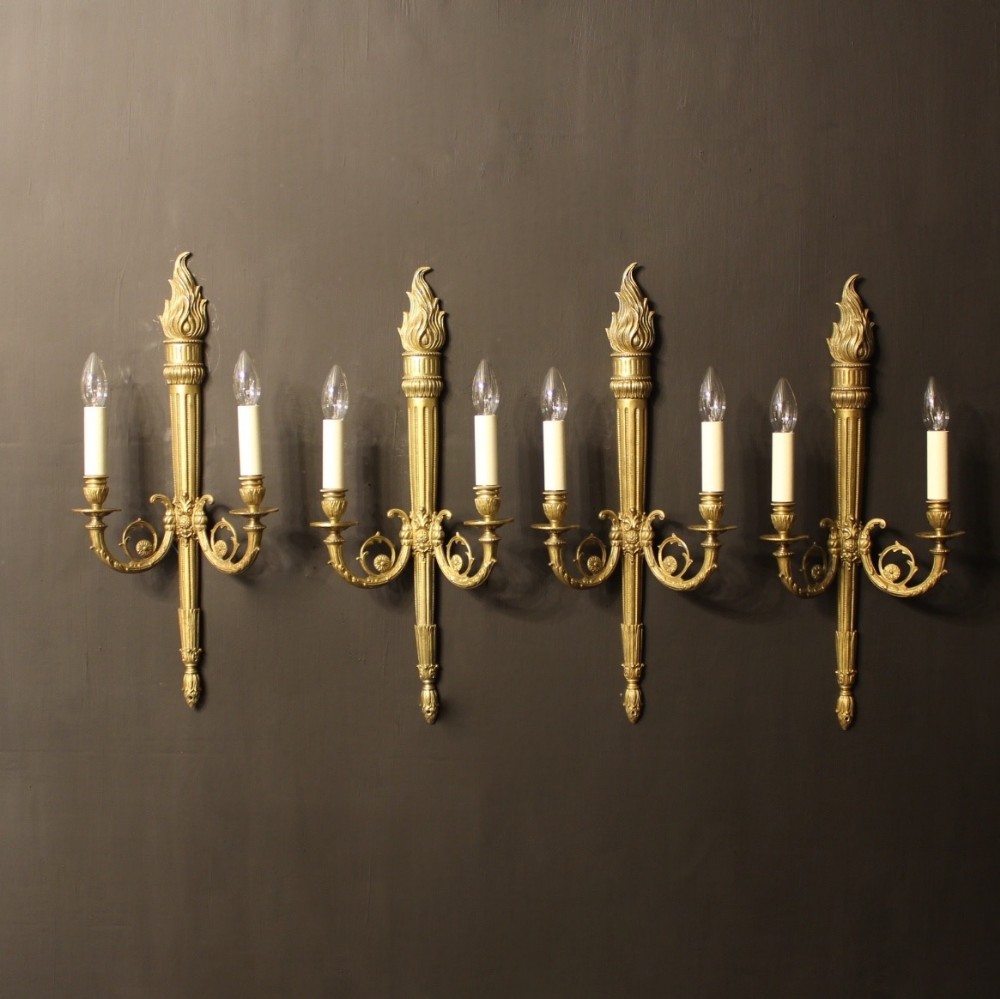 A French Set Of 4 Large Cast Brass Twin Arm Wall Lights
