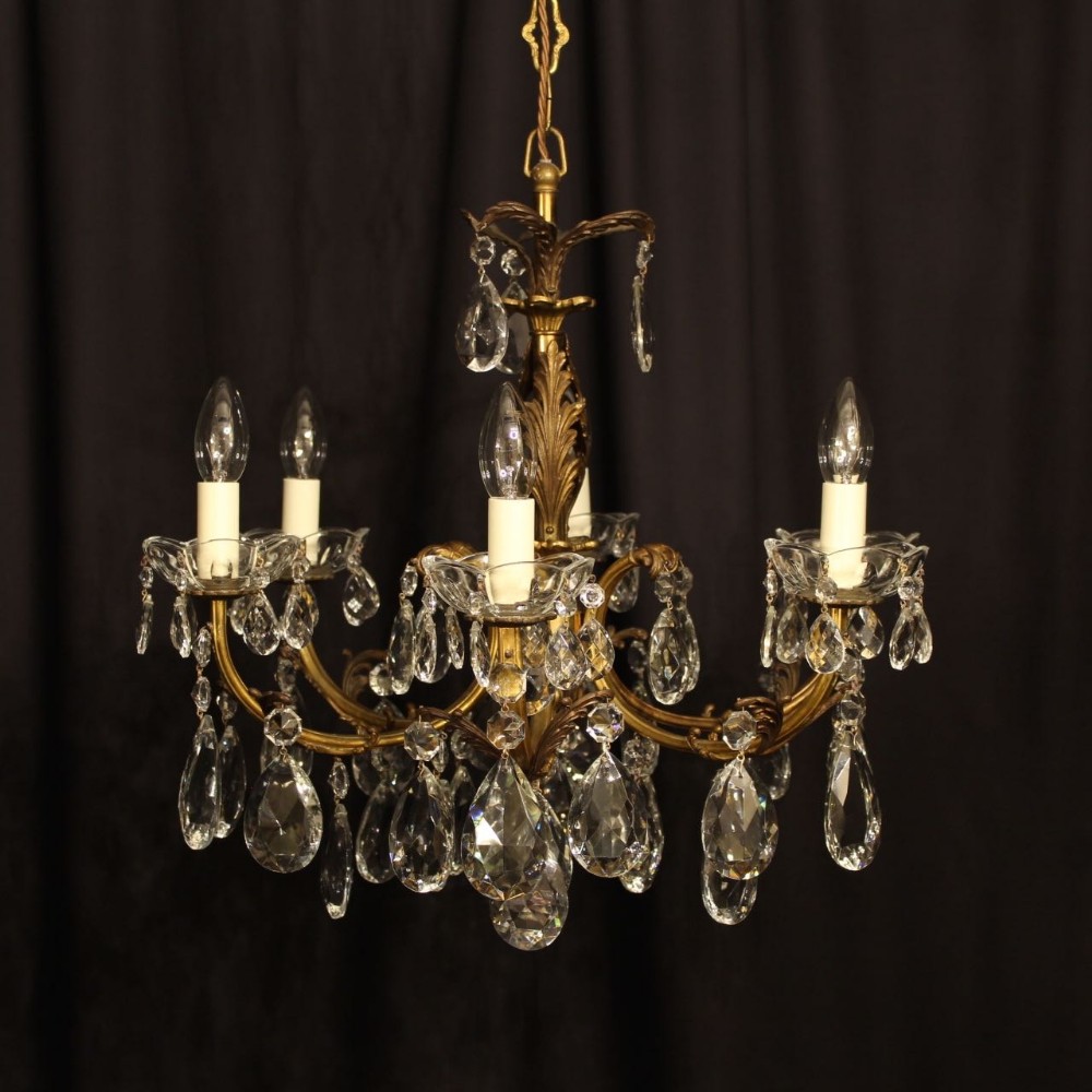 An Italian 6 Light Gilded & Crystal Antique Chandelier