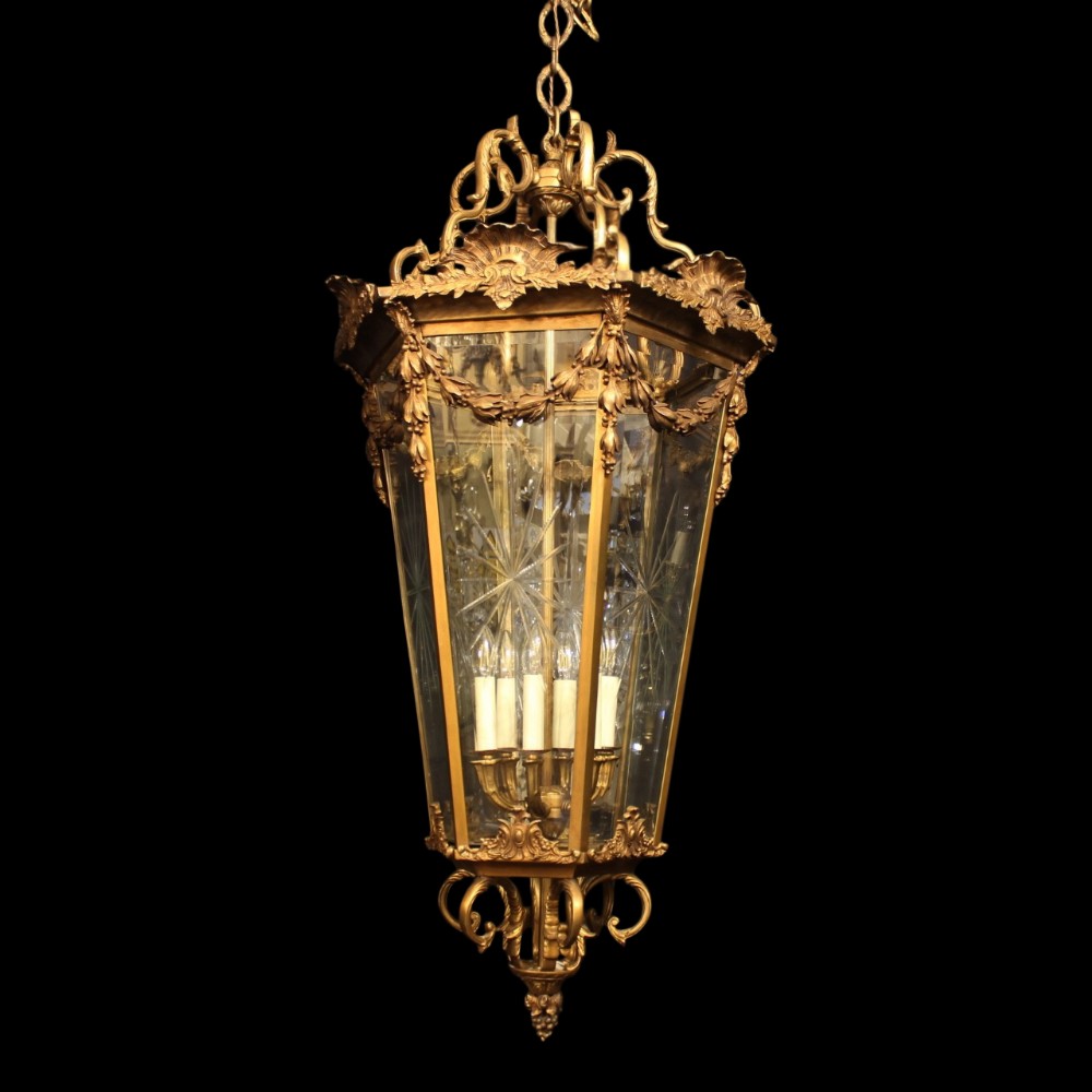 A French Monumental 6 Light Gilded Bronze Lantern