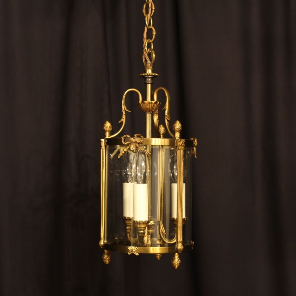 A French Gilded Triple Light Antique Hall Lantern