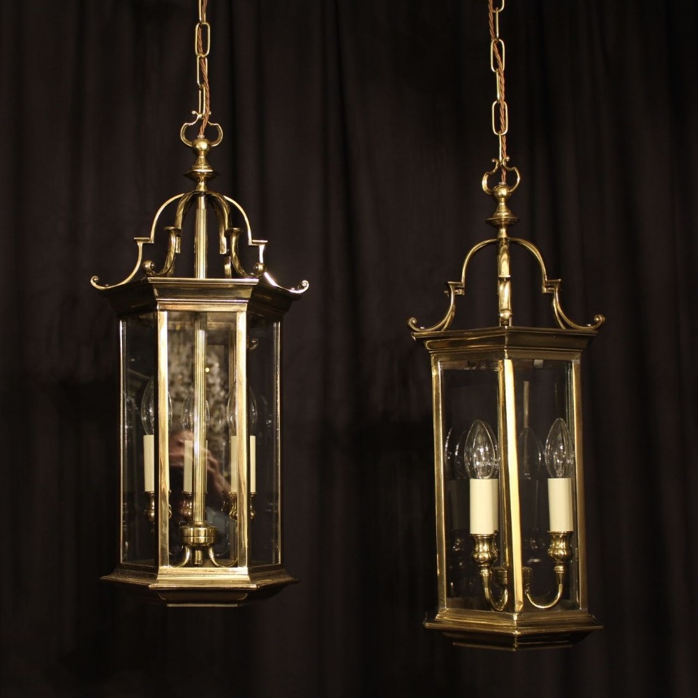 An English Pair Of Triple Light Hall Lanterns