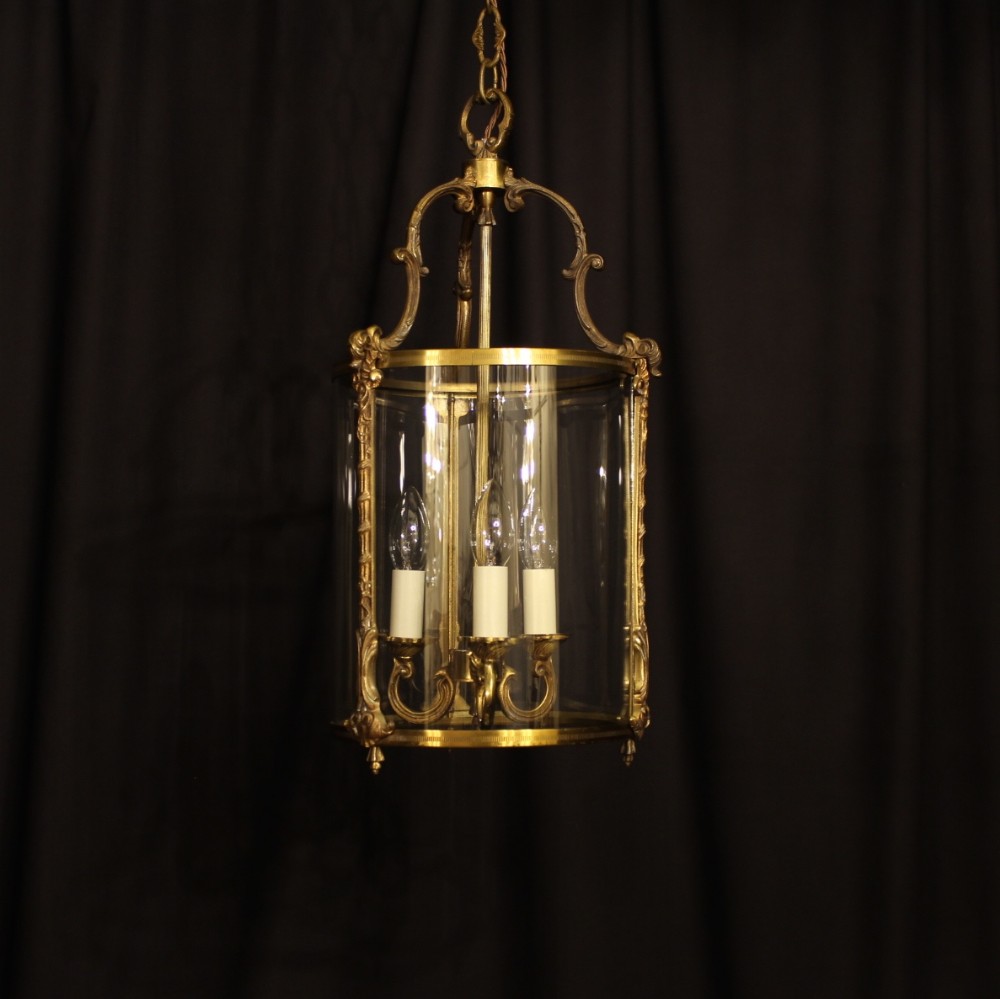 A French Triple Light Gilded Antique Hall Lantern