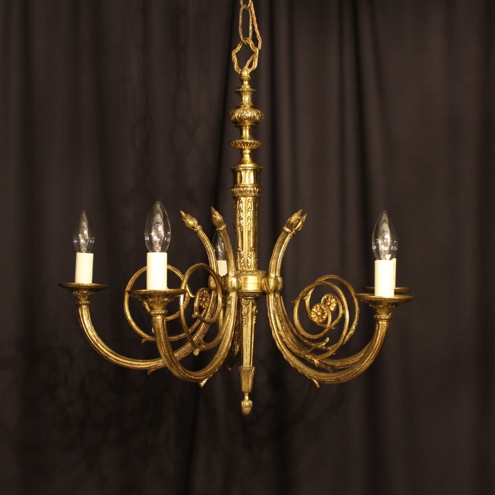 An French Ornate Gilded 5 Light Chandelier