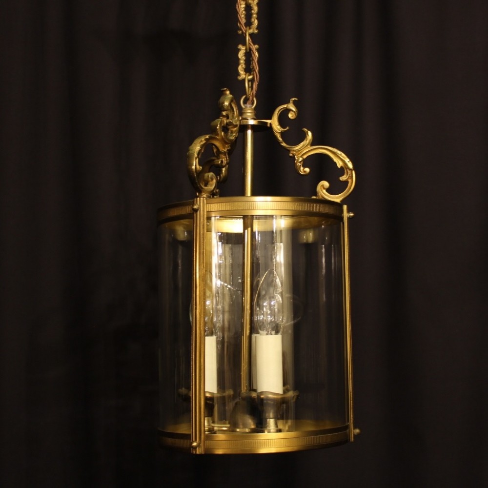 A French Gilded Triple Light Antique Hall Lantern