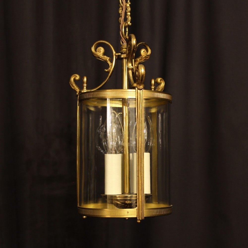 A French Gilded Triple Light Antique Hall Lantern