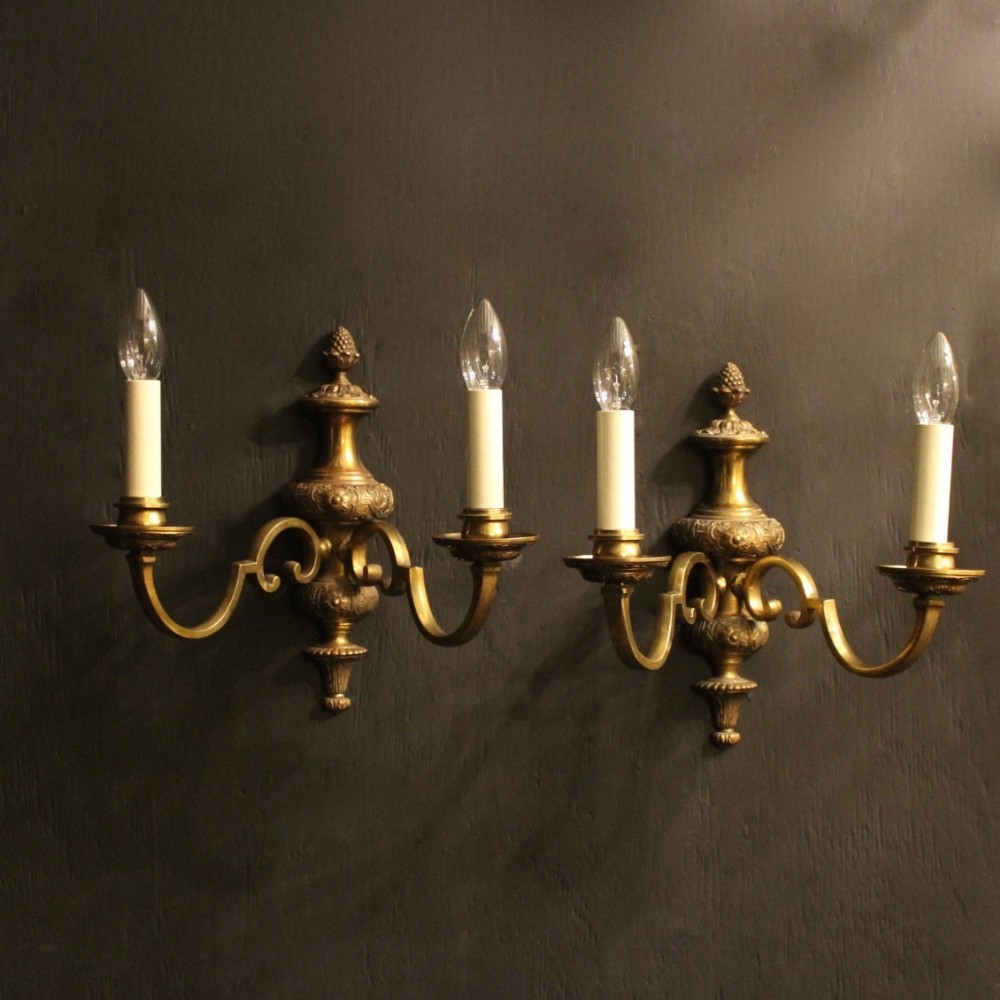 An English Pair Of Twin Arm Bronze Antique Wall Lights