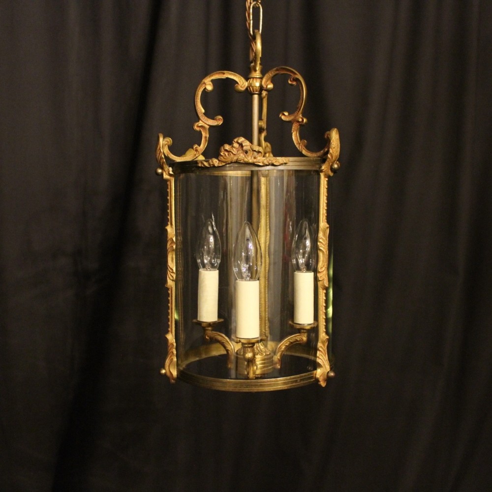 A French Gilded Triple Light Antique Hall Lantern