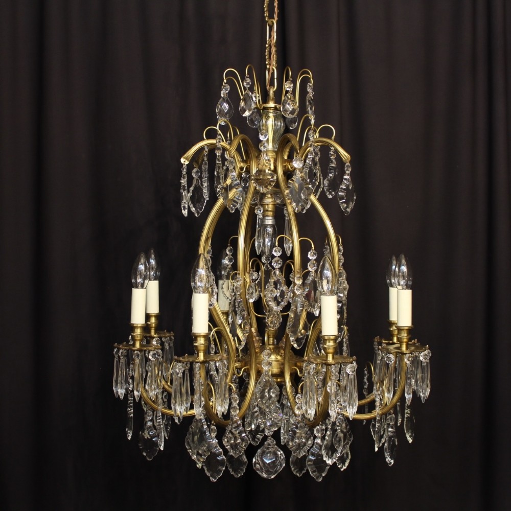 A French Gilded & Cut Glass 13 Light Cage Chandelier