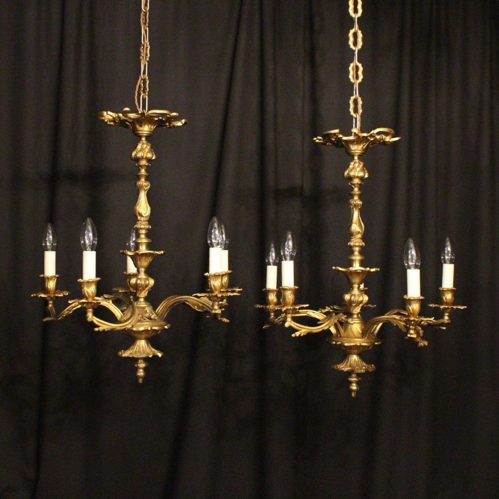 A French Pair Of 5 Light Antique Chandeliers