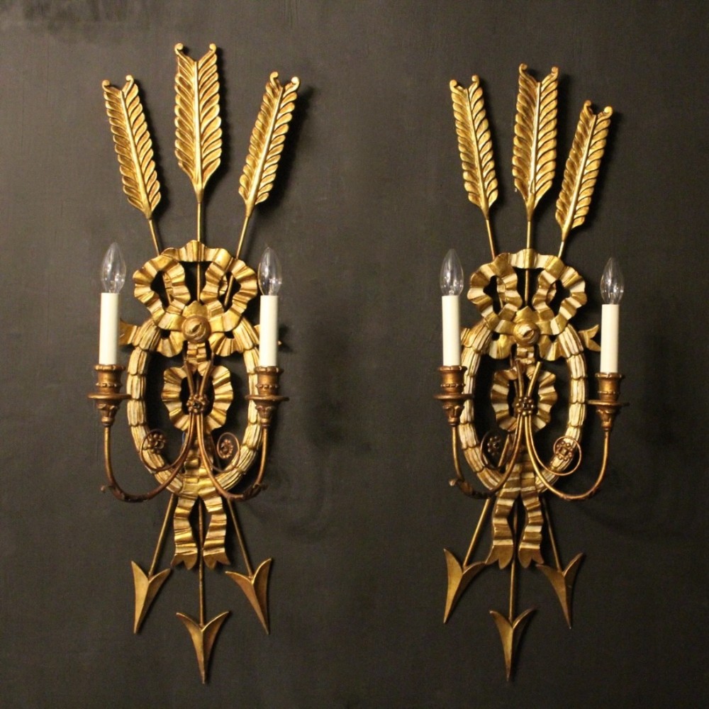A Large French Pair Of Giltwood Twin Arm Antique Wall Lights