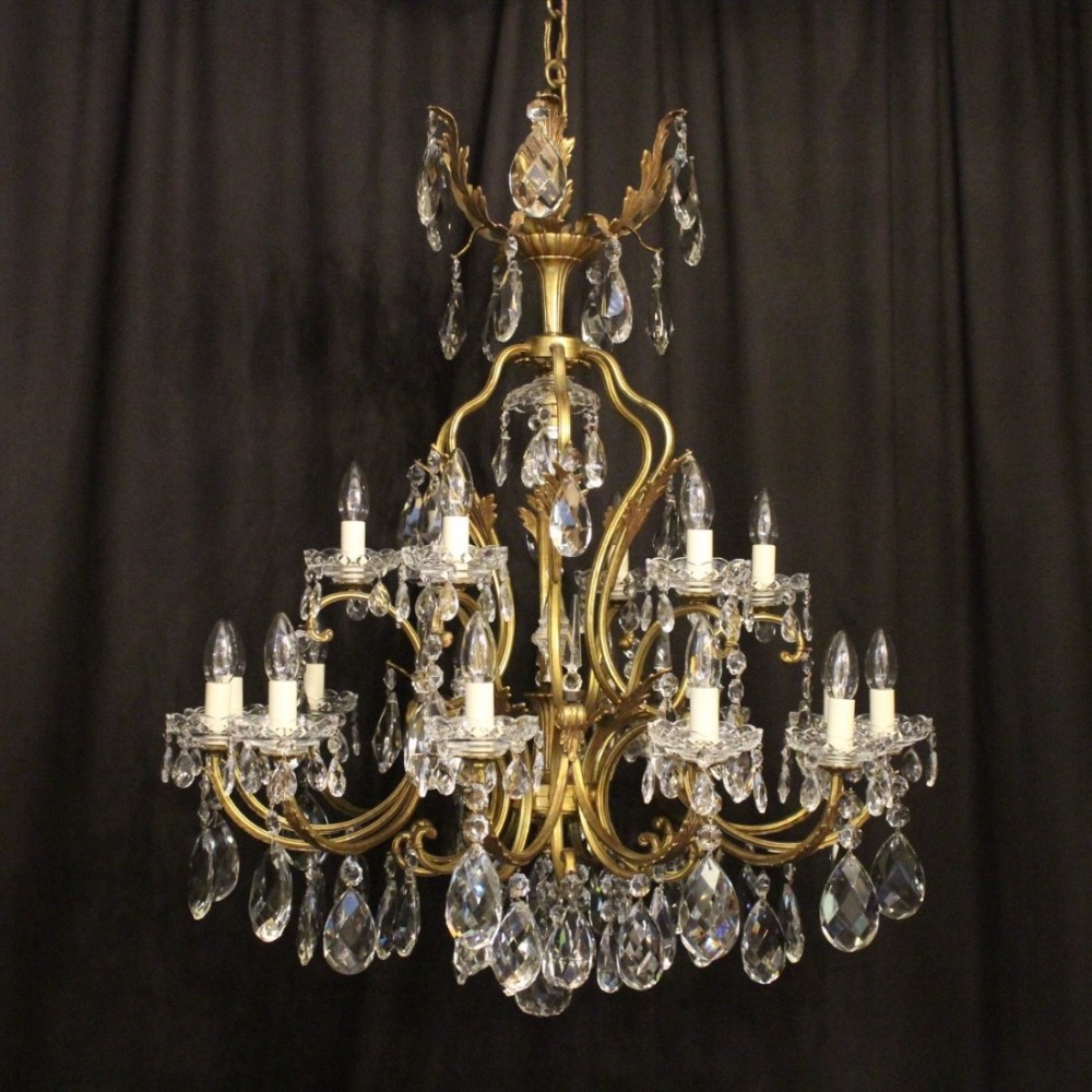 A Large Italian Gilded & Crystal 19 Light Antique Chandelier