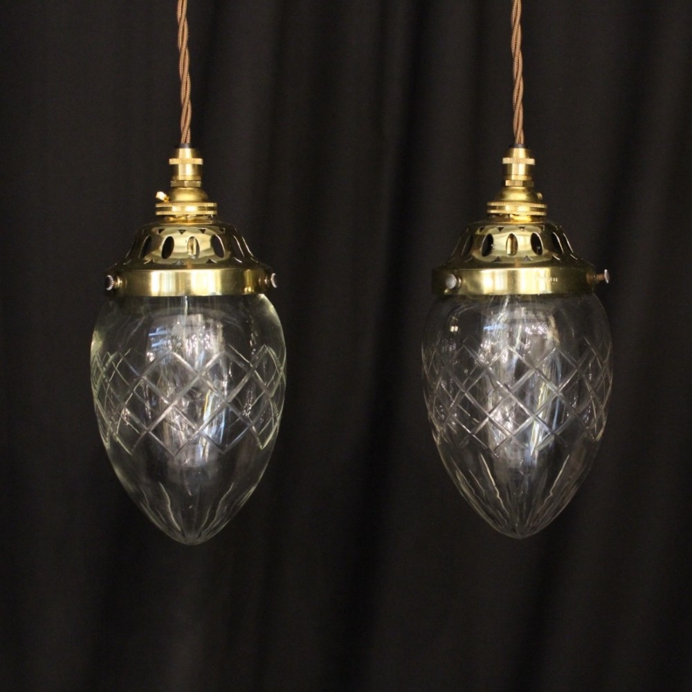 English Pair Of Cut Glass Antique Pendants