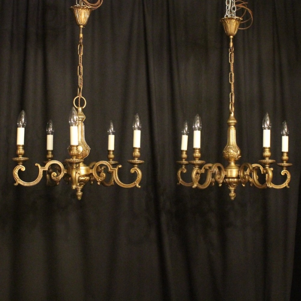 French Pair Of Bronze 5 Light Chandeliers