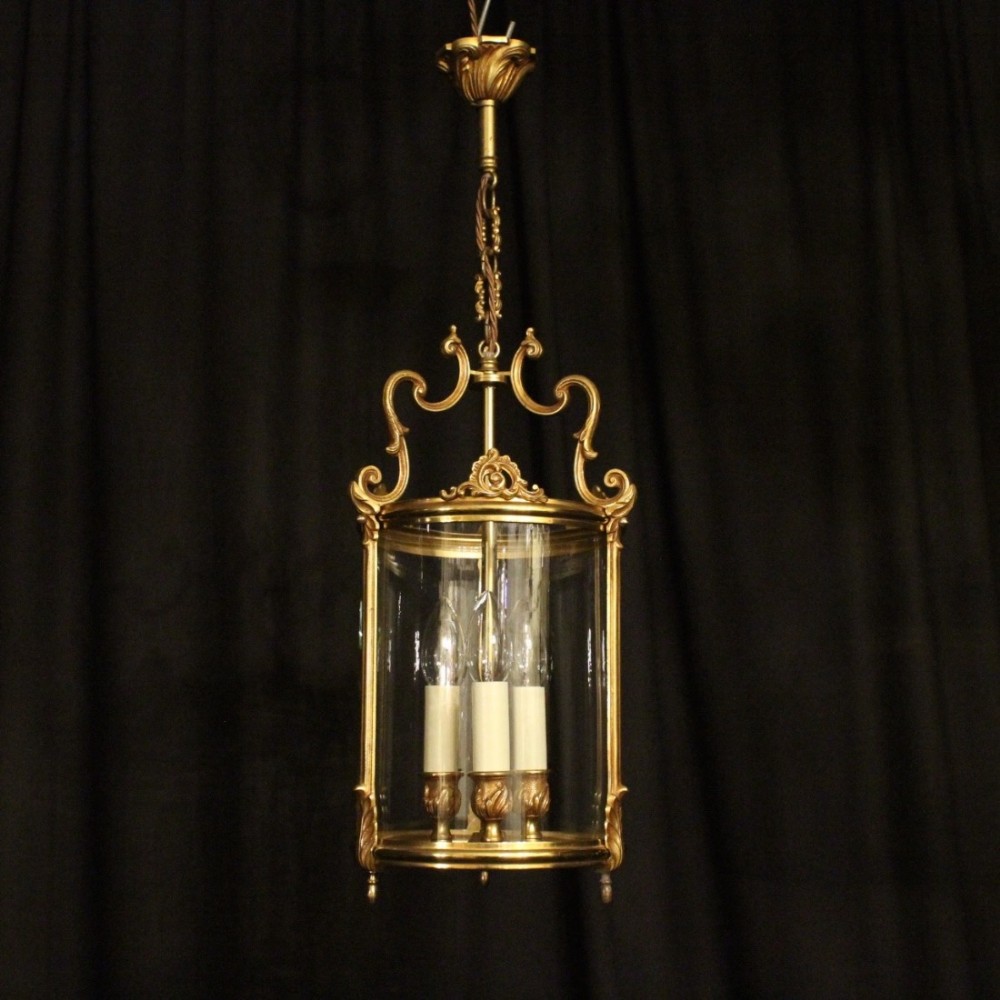 French Gilded Triple Light Antique Hall Lantern