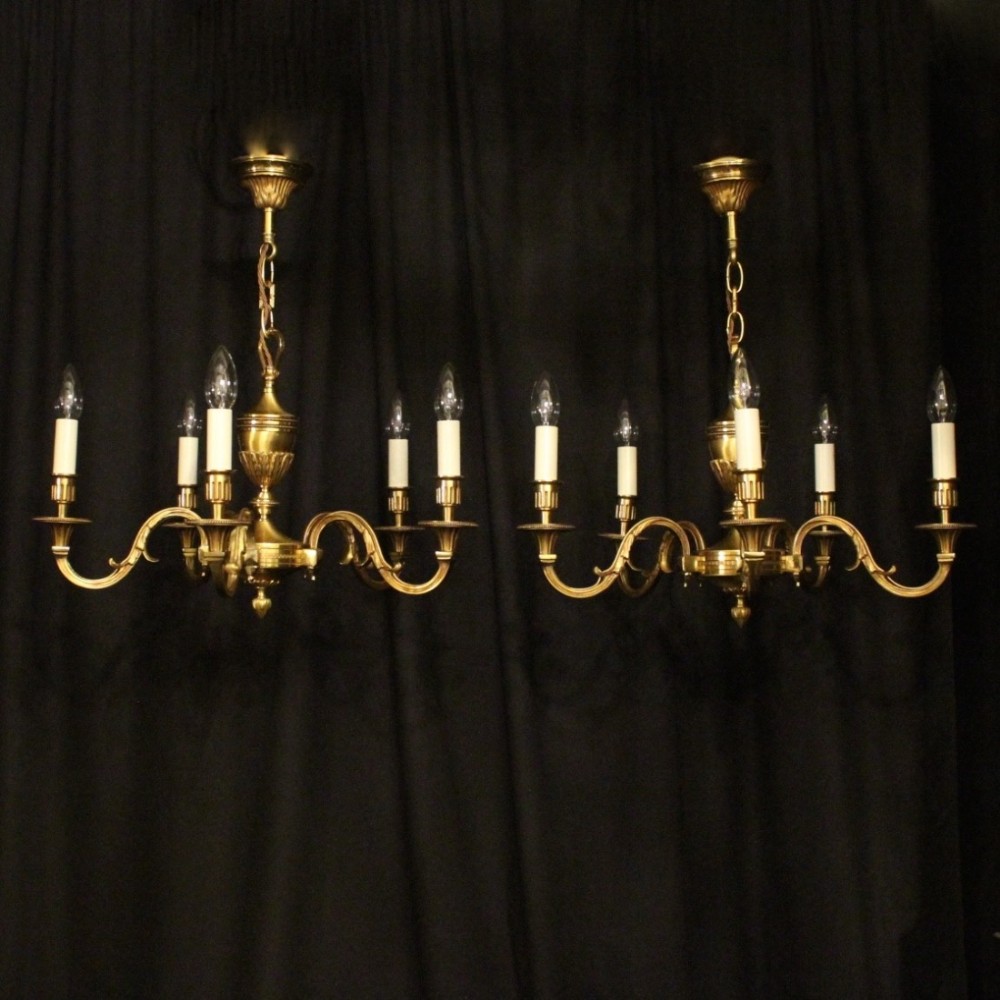 French Pair Of Bronze 5 Light Chandeliers