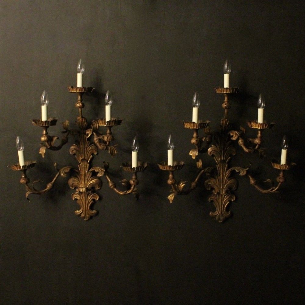 Florentine Pair Of Gilded 5 Arm Wall Lights