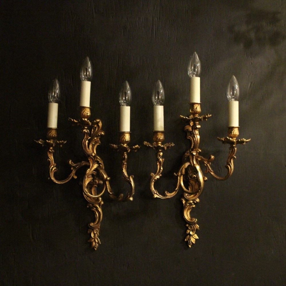 Italian Pair Of Gilded Triple Arm Wall Lights