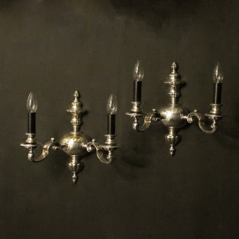 English Pair Of Silver Plated Twin Arm Antique Wall Lights