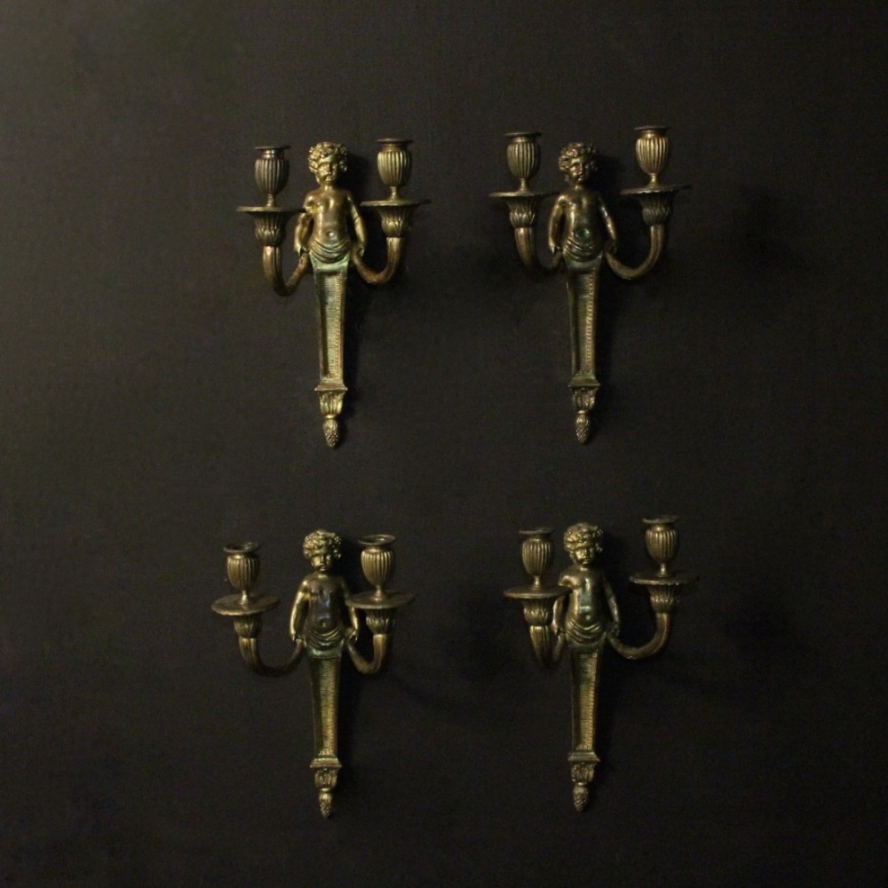 English Set Of 4 Gilded Bronze Antique Cherub Sconces