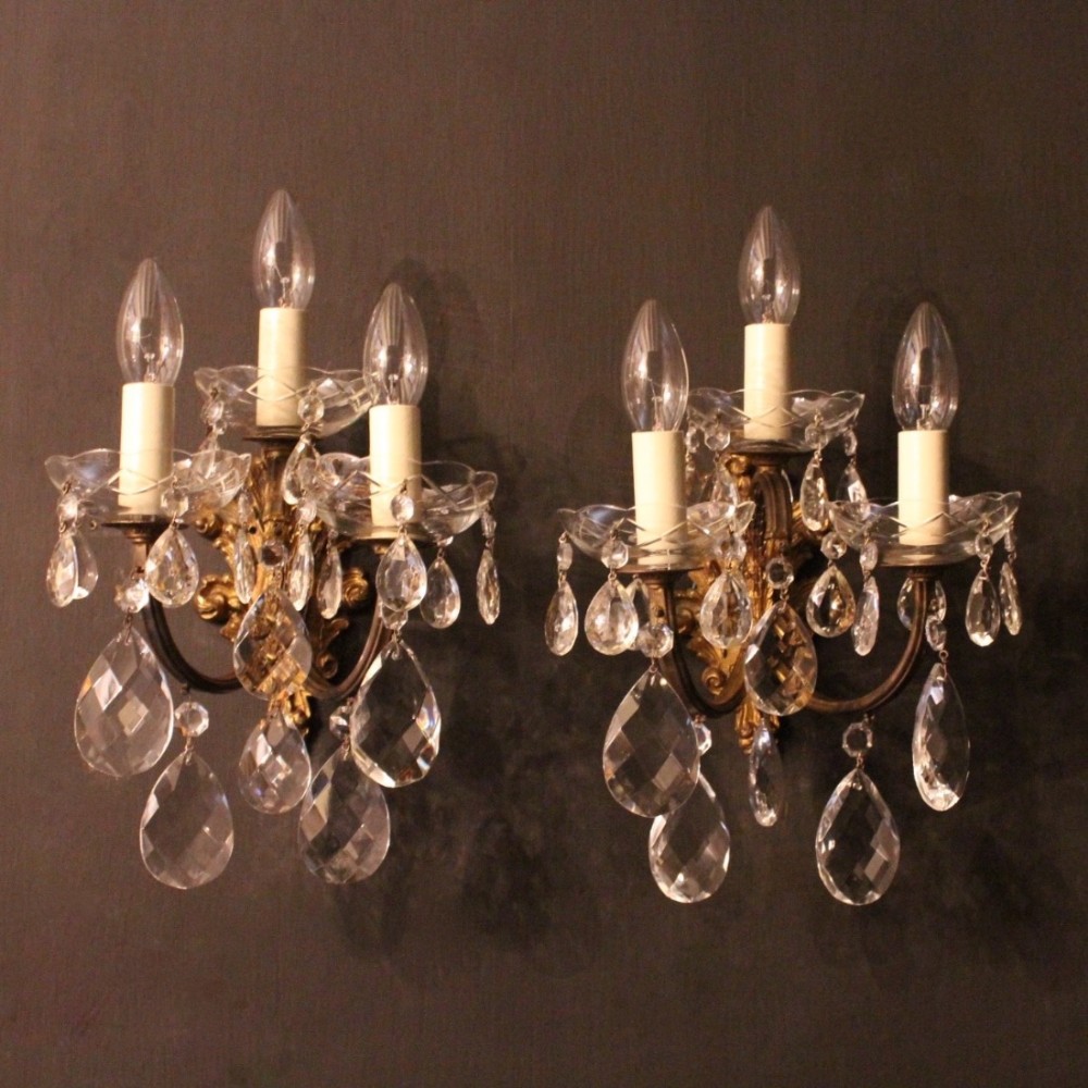 Italian Pair Of Triple Arm Gilded Wall Lights