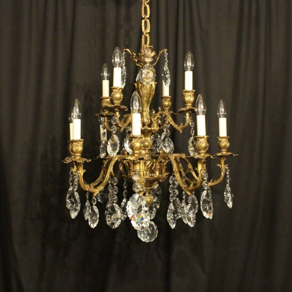Italian Gilded Bronze & Crystal 12 Light Antique Chandelier
