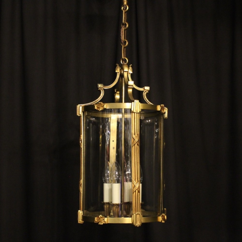 French Gilded Bronze Four Light Convex Antique Hall Lantern