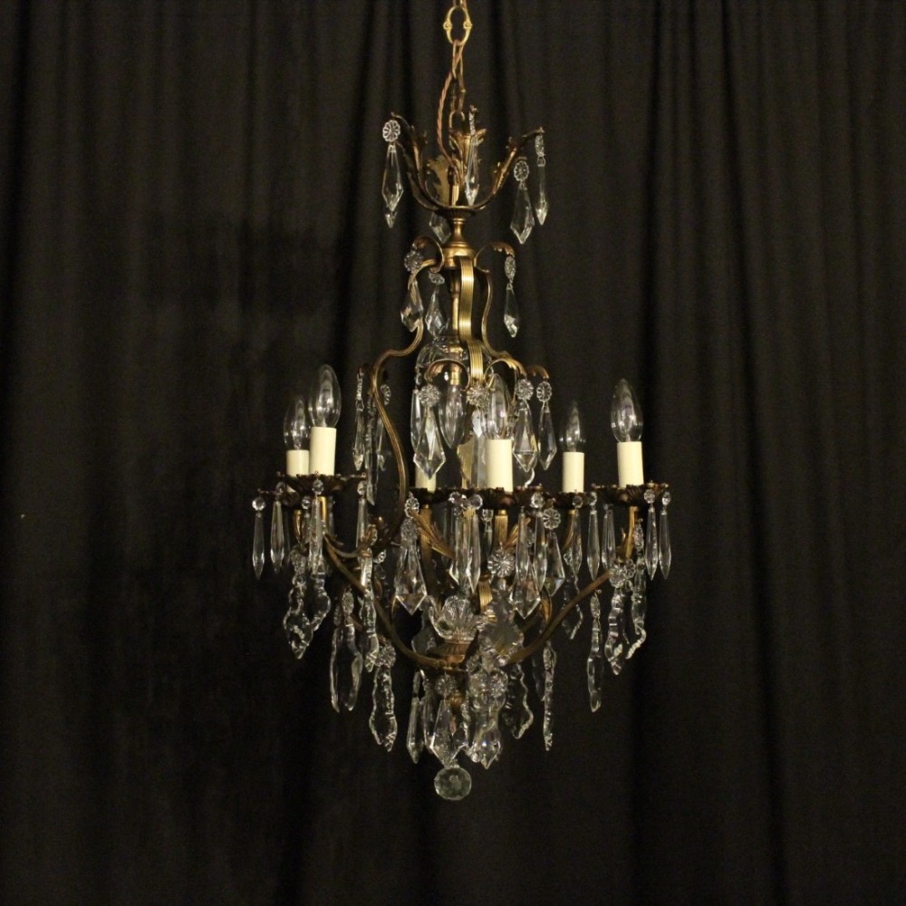French Gilded & Crystal Birdcage 7 Light Antique Chandelier