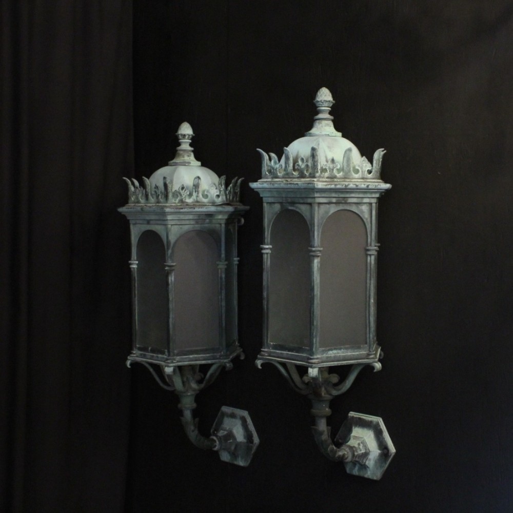 English Pair Of Gothic Bronze Antique Wall Lanterns