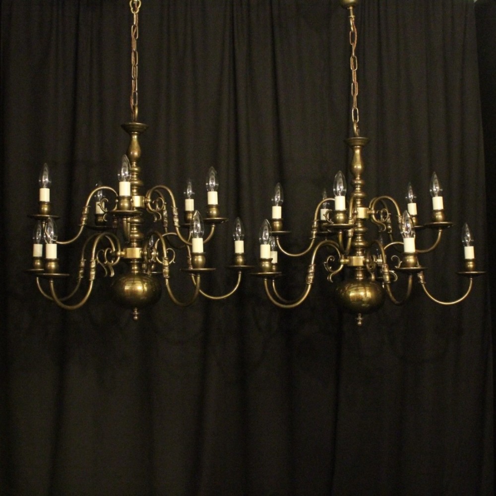 Flemish Pair Of Brass 10 Light Chandeliers