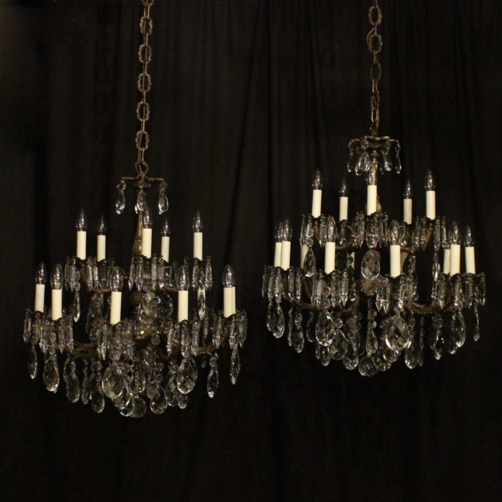 Italian Pair Gilded 15 Light Double Tiered Antique Chandeliers