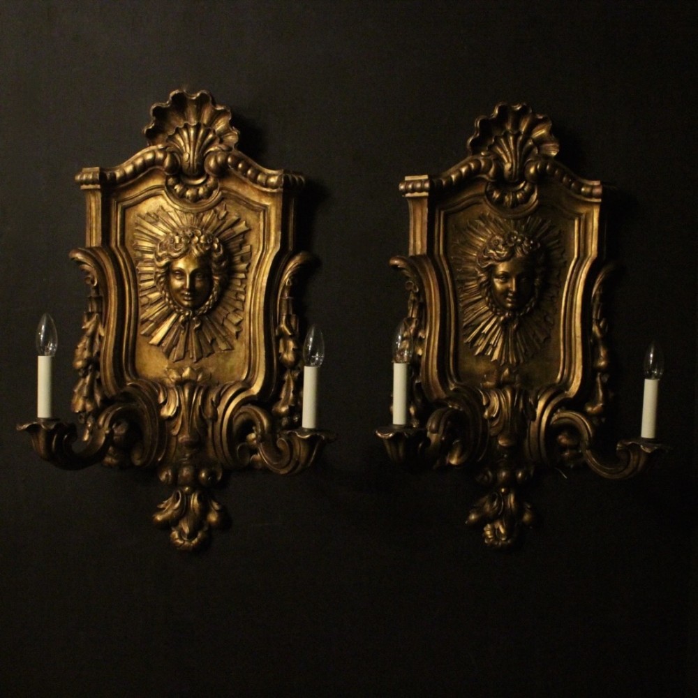 English Pair Of Large Giltwood Twin Arm Antique Wall Lights
