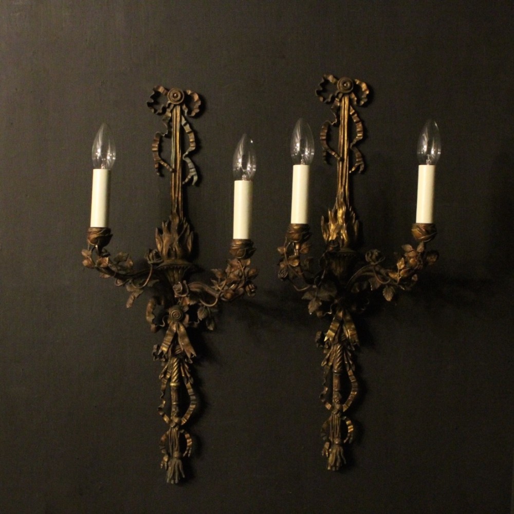 English Pair Of Gilded Bronze Twin Arm Antique Wall Sconces
