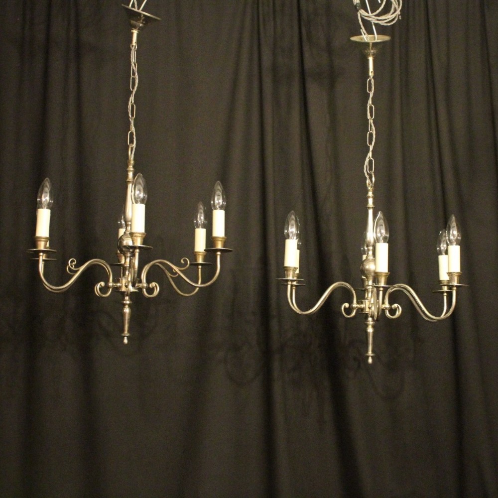 French Pair Of Silver Plated 6 Light Antique Chandeliers